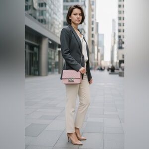 Furla Metropolis Mini Studded Leather Crossbody Blush Pink Saffiano Chain Bag